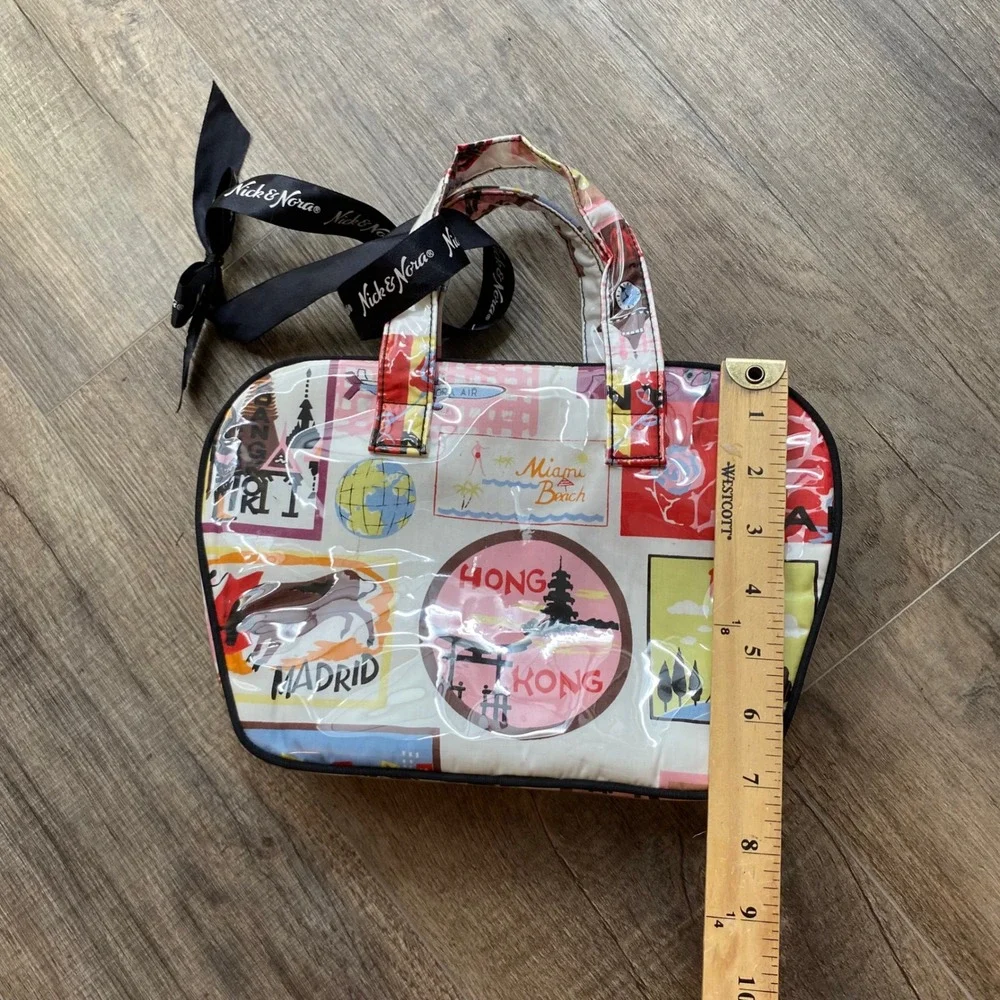 Nick & Nora Travel Stamp Print Cosmetic Bag Vinyl World Tour Multicolor Ribbon